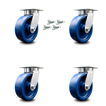 Service Caster 6 Inch Kingpinless Solid Poly Wheel Swivel Caster Set with Swivel Lock SCC SCC-KP30S620-SPUR-BSL-4